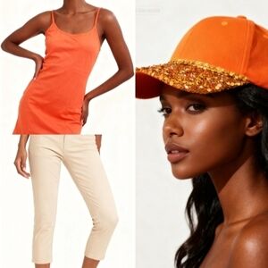 Fashion Bundle Orange Top And Beige Leggings With Embellished Baseball Cap